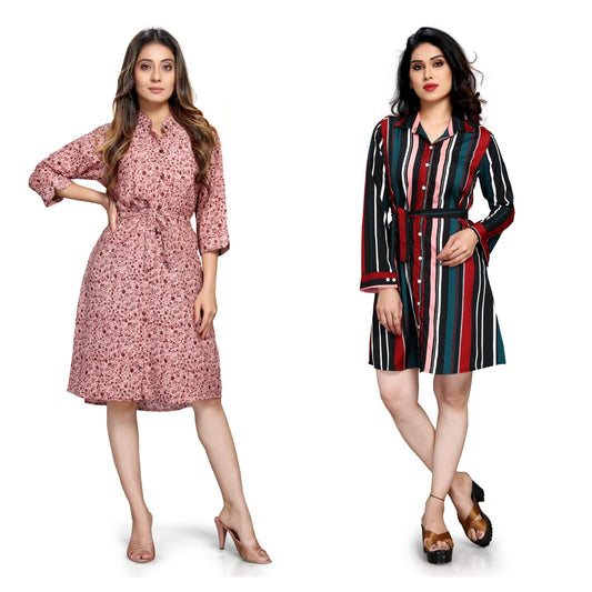 Women's Crepe Printed Shirt Style Short Dress Buy 1 Get 1 Free